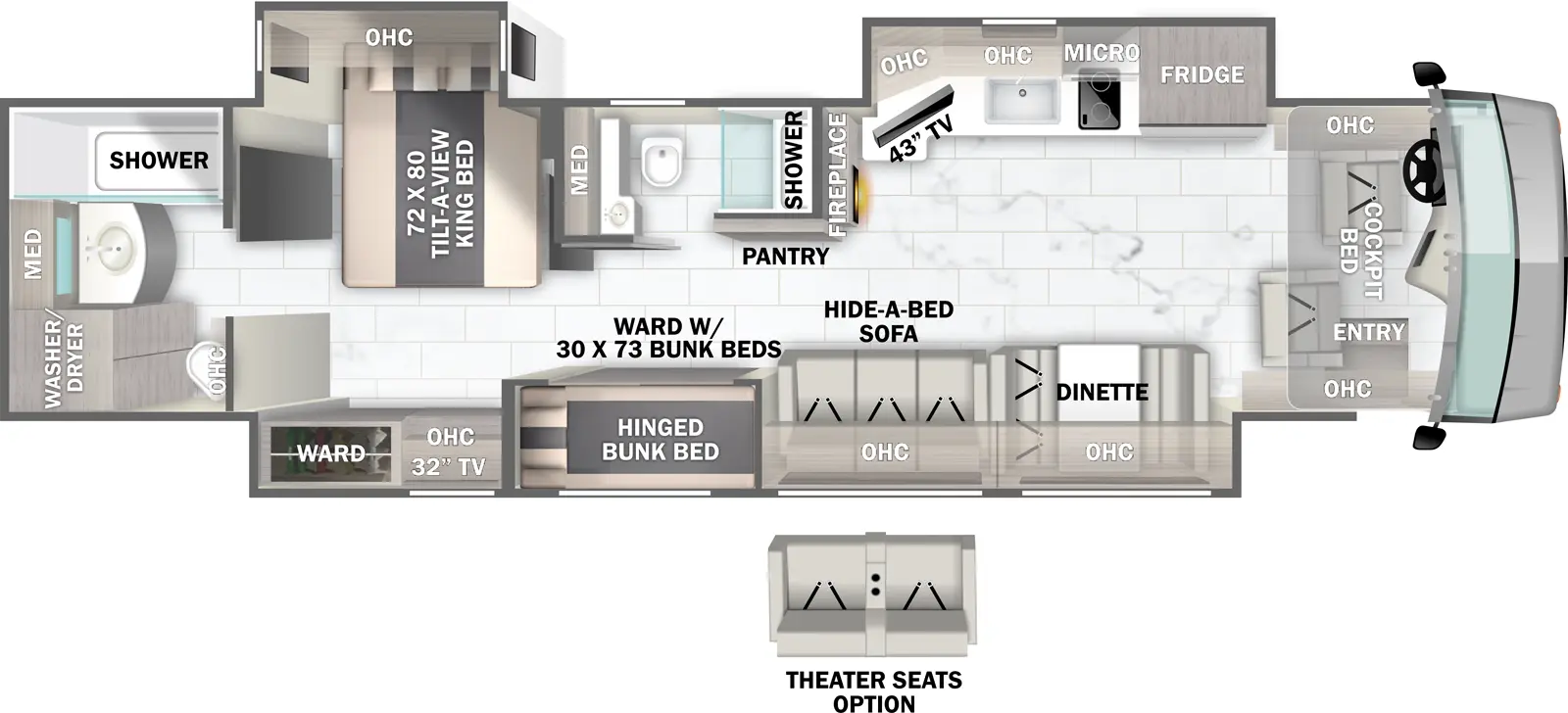 The Berkshire 40F floorplan has one entry and three slide outs. Exterior features include: 18' & 56" Door Awning awning and outside entertainment. Interiors features include: bunk beds, two full bathrooms and bunk over cab.